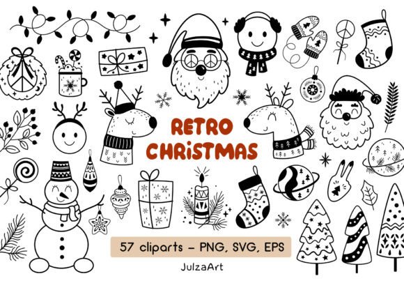 Black and White Retro Christmas Clipart for Graphics