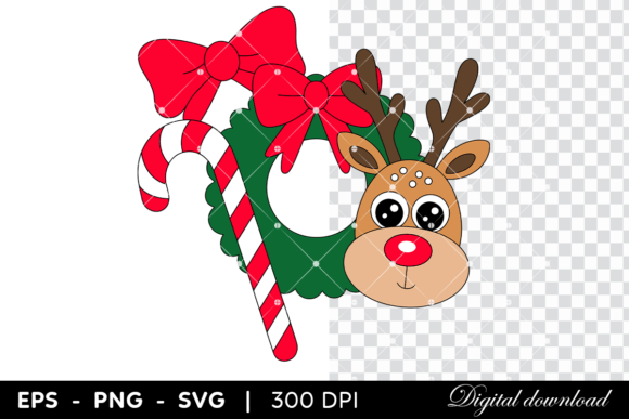 Christmas Wreath with Reindeer Candycane: Festive Graphics for Handmade Creations