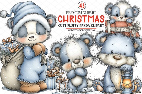 Cute Christmas Fluffy Panda Clipart for Graphics and Illustrations