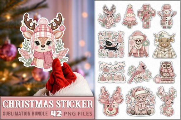 Preppy Pink Christmas Sticker PNG Bundle: Festive Graphics for Local Brands